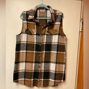 Brown Plaid Sleeveless Button-Up Shirt/Vest